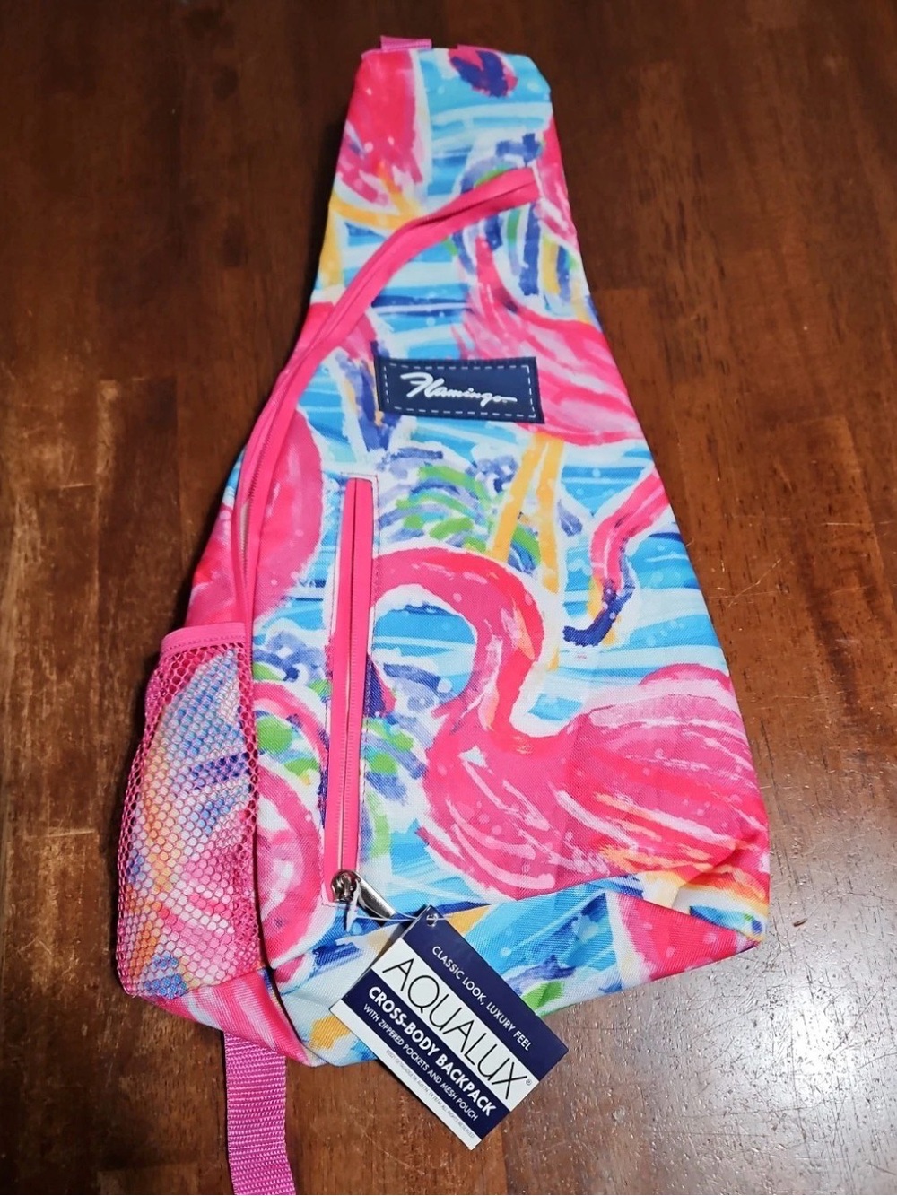 NEW Aqualux FLAMINGO Crossbody Sling Bag Backpack Zippered Pockets & Mesh Pouch